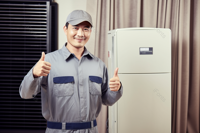 男性维修工人上门检修立式空调并点赞,高清,摄影图,摄影图片,图片大全,摄影图免费下载